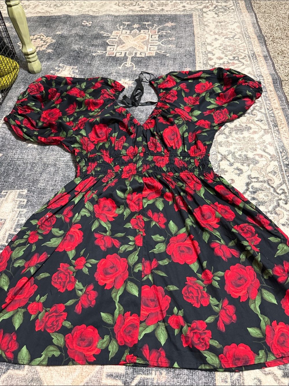 Old Navy Black Midi Dress with Red Rose Print and Puff Sleeves - Picture 5 of 7